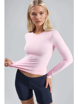 Hiccup Kadın Busem Slim Fit Yuvarlak Yaka Uzun Kollu Bluz Toz Pembe