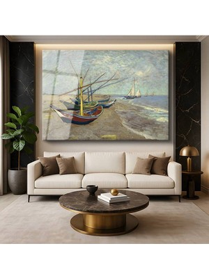 Limitless Design Vincent Van Gogh Saintes-Maries Plaj Balıkçı Tekneleri Deniz Cam Tablo Dijital Baskı Duvar Tablosu