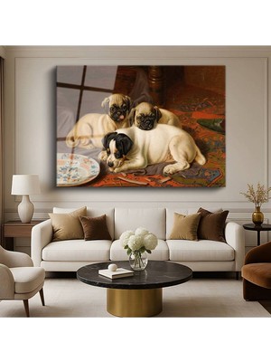 Limitless Design Henrietta Ronner-Knip Üç Yavru Köpek Hayvan Resmi Cam Tablo Dijital Baskı Duvar Tablosu Dekor Tablo