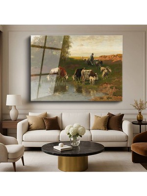 Limitless Design Anton Mauve Nehir Kenarı Sürü Hayvan Resmi Cam Tablo Dijital Baskı Duvar Tablosu Dekor Tablo