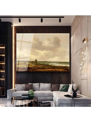 Limitless Design Jan Van Goyen Nehir Kıyısı Kilise Resmi Cam Tablo Dijital Baskı Duvar Tablosu Dekor Tablo