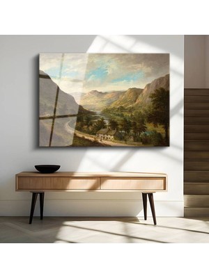 Limitless Design Alfred De Breanski Dağ Vadisi Yerleşim Manzarası Cam Tablo Dijital Baskı Duvar Tablosu Dekor Tablo