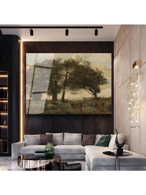 Limitless Design Jean-Baptiste-Camille Corot Ağaçlar Çoban Kırsal Manzara Cam Tablo Dijital Baskı Duvar Tablosu