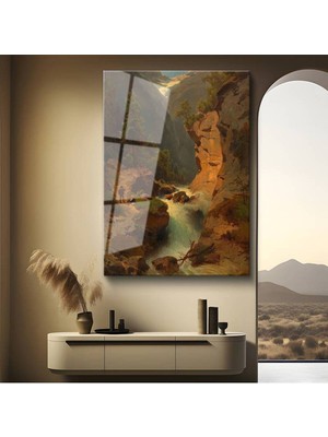 Limitless Design Albert Bierstadt Dağlık Şelale Doğa Manzarası Cam Tablo Dijital Baskı Duvar Tablosu Dekor Tablo