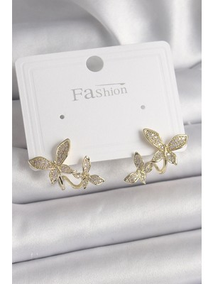 Belle Fusion Bfs Pirinç Gold Renk Zirkon Taşlı Kelebek Model Kadın Küpe