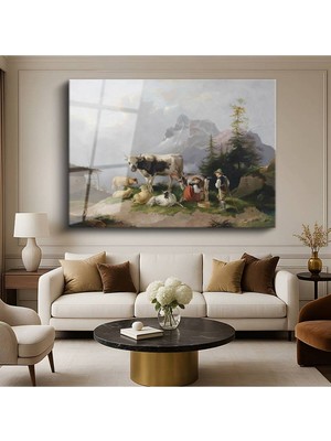 Limitless Design Friedrich Gauermann Alp Dağları Çobanlar Sürü Resmi Cam Tablo Hd Baskı Tablo