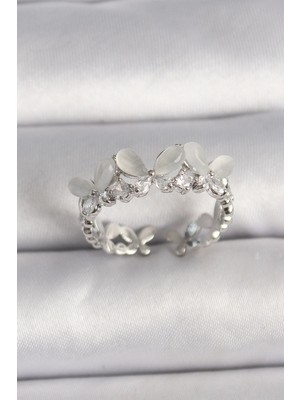 Belle Fusion Bfs Pirinç Gümüş Renk Zirkon Taşlı Beyaz Mineli Kelebek Model Ayarlanabilir Yüzük