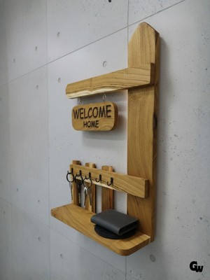 Doğal Ahşap Duvar Anahtarlık Tutucu Raflı Ahşap Askılık(Dut)(Welcome Home)