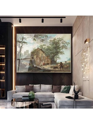 Limitless Design George Morland Çiftlik Evi Kırsal Manzarası Cam Tablo Dijital Baskı Duvar Tablosu Dekor Tablo