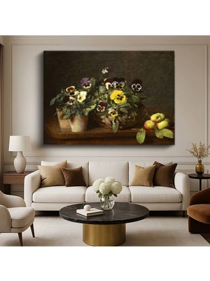 Limitless Design Henri Fantin-Latour Hercai Menekşeler Elmalar Natürmort Kanvas Tablo Klasik Ressam Tablosu