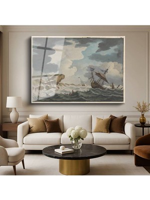 Limitless Design Willem Van De Velde Fırtınada Gemiler Deniz Resmi Cam Tablo Dijital Baskı Duvar Tablosu Dekor Tablo