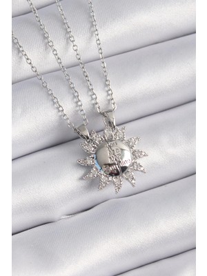 Belle Fusion Bfs 316L Çelik Gümüş Renk Zirkon Taşlı Güneş Model Işleme Yazı Detay Arkadaşlık Kolyesi