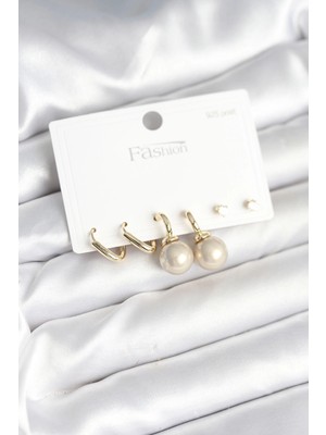 Belle Fusion Bfs Pirinç Gold Renk Inci Detaylı 925 Gümüş Çivili Kadın Küpe Seti