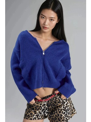 Hiccup Kadın My Fashıon V Yakalı, Fermuarlı, Fitilli Örgü Kazak Kobalt Mavisi