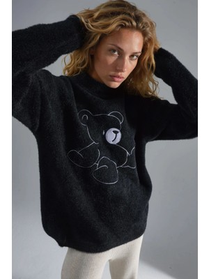 Hiccup Kadın My Fashıon Oversize Ayıcıklı Peluş Kazak Siyah