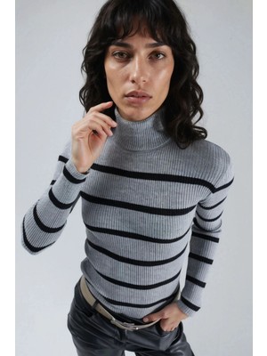 Hiccup Kadın My Fashıon Vücuda Oturan Çizgili Fitilli Balıkçı Yaka Kazak Koyu Gri