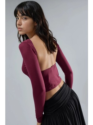 Hiccup Kadın Busem Slim Fit Sırt Detaylı Crop Bluz Bordo Kırmızı