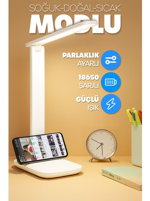Normadia Şarjlı Masa Lambası, 3 Renkli Dokunmatik ve Telefon Standlı Okuma Işığı