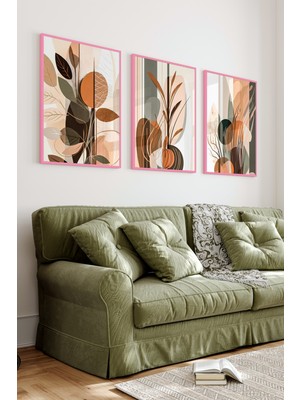 KutuTR Pembe Renkli Ahşap Çerçeveli 2duv Baskı 3’lü Mdf Tablo-Soyut Bitki ve Geometrik Form-Pembe CRV1066