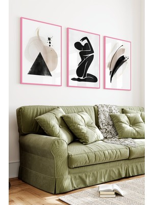 KutuTR Pembe Renk Ahşap Çerçeveli 2duv Baskı 3’lü Mdf Tablo–insan Silüeti ve Geometrik Desen-Pembe CRV1252