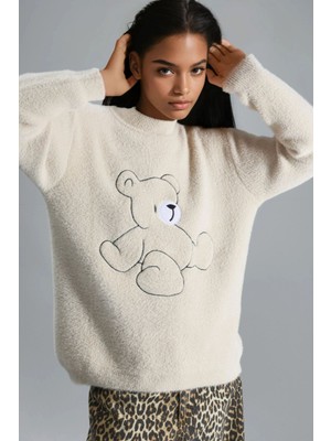 Hiccup Kadın My Fashıon Oversize Ayıcıklı Peluş Kazak Taş Doğal