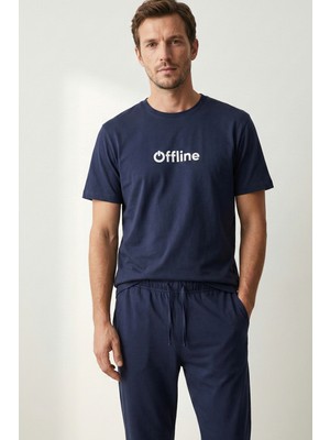 Elemge %100 Pamuk Tok Penye Süprem Erkek 2'li Pijama Takımı Rahat Kalıp Lacivert Kısa Kol Cepli Ipli Baskı Offline