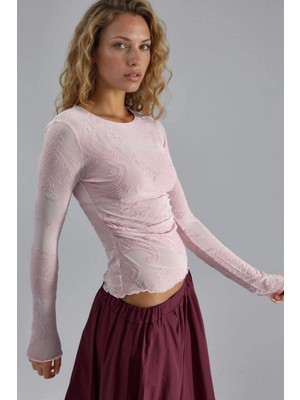 Hiccup Kadın Busem Vücuda Oturan Uzun Kollu Desenli Tül Bluz Toz Pembe