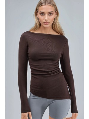 Hiccup Kadın Busem Kayık Yaka Pamuklu Bluz Kahve Kahvesi