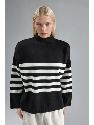 Hiccup Kadın My Fashıon Büyük Beden Çizgili Balıkçı Yaka Kazak Siyah