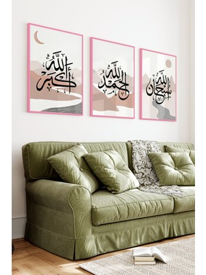 KutuTR Pembe Renk Ahşap Çerçeveli 2duv Baskı 3’lü Mdf Tablo–minimal Dağ Manzaralı Hat Dekor-Pembe CRV1212