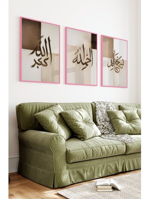 KutuTR Pembe Ahşap Çerçeveli 2duv Baskı 3’lü Mdf Tablo–toprak Tonlu Islami Hat-Pembe CRV1188