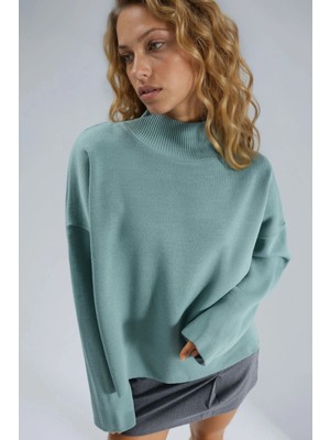 Hiccup Kadın My Fashıon Oversized Fitilli Balıkçı Yaka Kazak Adaçayı Yeşili