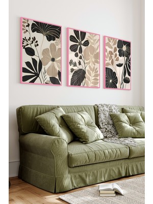 KutuTR Pembe Renkli Ahşap Çerçeveli 2duv Baskı 3’lü Mdf Tablo-Çiçek ve Yaprak Desenli-Pembe CRV1065