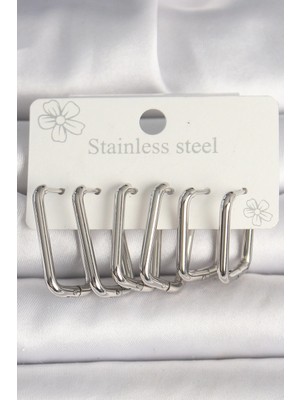 Belle Fusion Bfs 316L Çelik Gümüş Renk Kare Model Kadın Küpe Seti