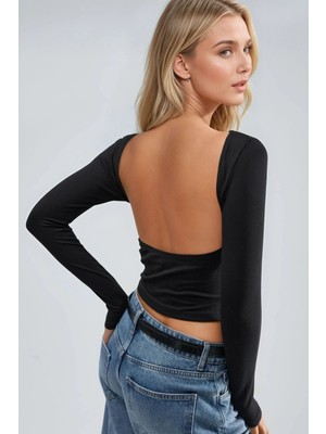 Hiccup Kadın Busem Slim Fit Sırt Detaylı Crop Bluz Siyah