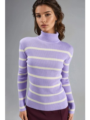 Hiccup Kadın My Fashıon Vücuda Oturan Çizgili Fitilli Balıkçı Yaka Kazak Lila Mor