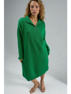 Hiccup Kadın My Fashıon Fitilli Örme Midi Elbise, Fermuarlı Yaka Yeşil