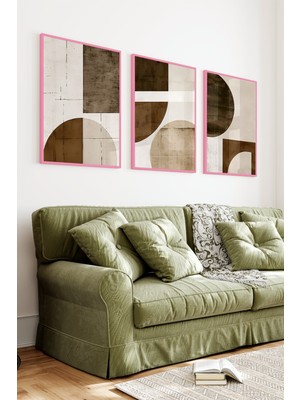 KutuTR Pembe Renkli Ahşap Çerçeveli 2duv Baskı 3’lü Mdf Tablo–modern Soyut Geometrik Dokulu-Pembe CRV1154