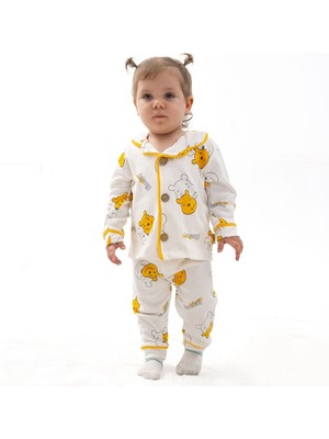 Bebeva Baby Bebek %100 Pamuklu Ayıcık Desenli Bebe Yakalı Önden Düğmeli Pijama Takımı