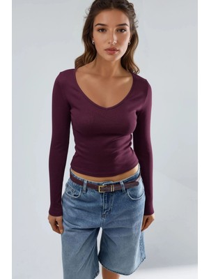 Hiccup Kadın Busem V Yaka Uzun Kollu Vücuda Oturan Bluz Leylak Moru