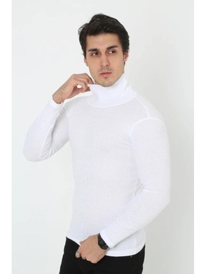 Giyim Center Erkek Kaşkorse Boğazlı Full Likralı Fitilli Body Kazak - Beyaz