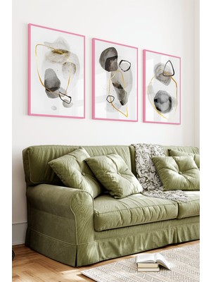 KutuTR Pembe Renkli Ahşap Çerçeveli 2duv Baskı 3’lü Mdf Tablo–modern Soyut Kompozisyon Temalı-Pembe CRV1136