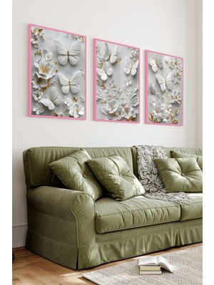 KutuTR Pembe Renkli Ahşap Çerçeveli 2duv Baskı 3’lü Mdf Tablo-Kelebek ve Altın Detaylı Çiçek-Pembe CRV1067