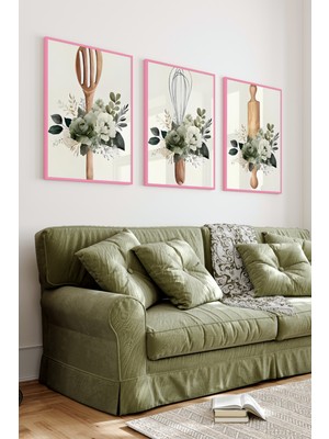 KutuTR Pembe Renkli Ahşap Çerçeveli 2duv Baskı 3’lü Mdf Tablo-Mutfak Gereçleri Teması-Pembe CRV1047