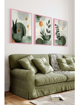 KutuTR Pembe Renkli Ahşap Çerçeveli 2duv Baskı 3’lü Mdf Tablo-Soyut Bitkiler, Geometrik Form-Pembe CRV1032