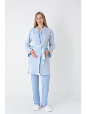 Erdeniz Tekstil Lohusa ve Hamilelere Özel Jakarlı Çizgili Sabahlık/düğmeli(Emzirmeli)Uzun Kollu Pijama Takımı-(3'lü)