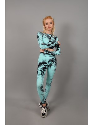 gymphoenix Mıamı Mavi Batik Uzun Kol Crop Tayt Takım