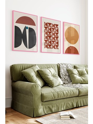 KutuTR Pembe Renkli Ahşap Çerçeveli 2duv Baskı 3’lü Mdf Tablo–minimal Toprak Tonları-Pembe CRV1135