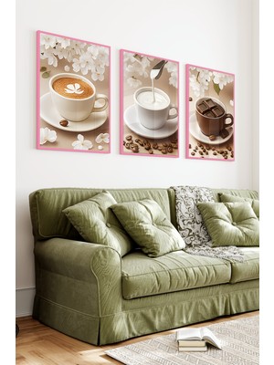 KutuTR Pembe Renkli Ahşap Çerçeveli 2duv Baskı 3’lü Mdf Tablo-Çikolata Küplü Kahve Sunumu-Pembe CRV1015
