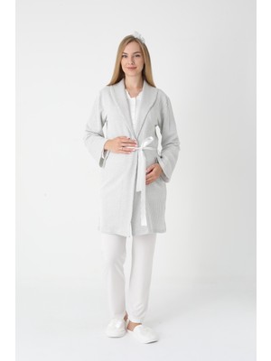 Erdeniz Tekstil Lohusa ve Hamilelere Özel Jakarlı Çizgili Sabahlık/düğmeli(Emzirmeli)Uzun Kollu Pijama Takımı-(3'lü)